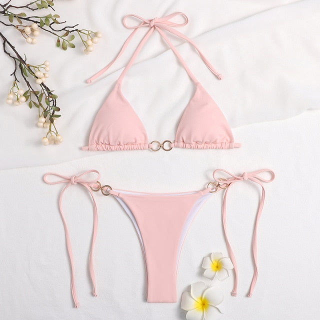 GNIM Sexy Triangle Solid Bikini Swimwear Women Bandage Micro Swimsuit Female 2 Piece Backless Beachwear Biquini Set