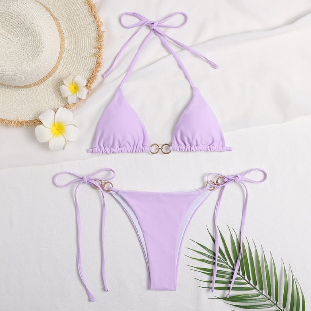GNIM Sexy Triangle Solid Bikini Swimwear Women Bandage Micro Swimsuit Female 2 Piece Backless Beachwear Biquini Set
