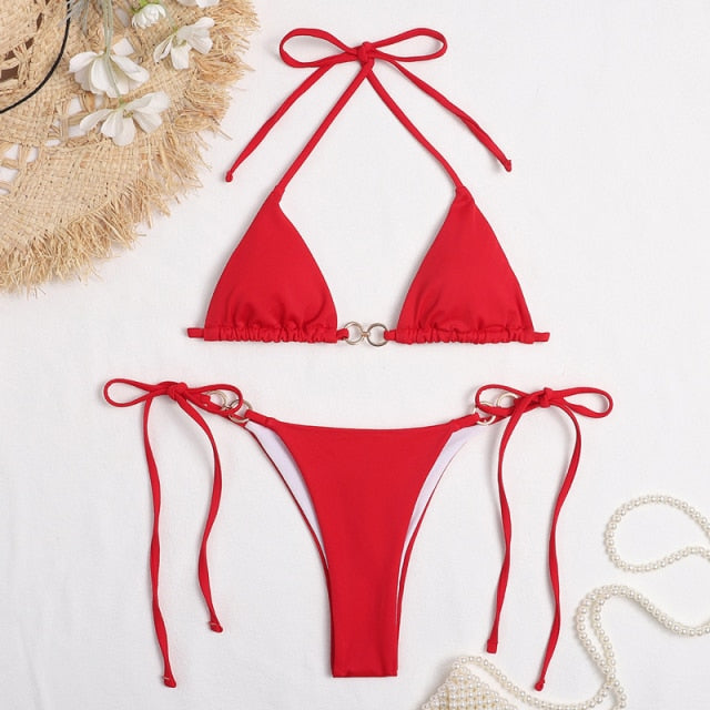 GNIM Sexy Triangle Solid Bikini Swimwear Women Bandage Micro Swimsuit Female 2 Piece Backless Beachwear Biquini Set