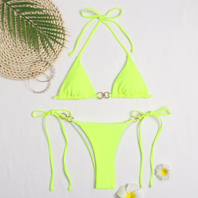 GNIM Sexy Triangle Solid Bikini Swimwear Women Bandage Micro Swimsuit Female 2 Piece Backless Beachwear Biquini Set