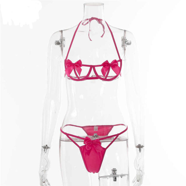 Bowknot Sexy Lingerie Set Strappy Bra and Panty Underwear Bandage Thong High Waist Erotic Sets