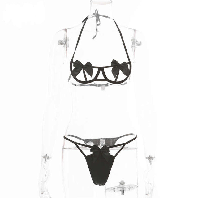 Bowknot Sexy Lingerie Set Strappy Bra and Panty Underwear Bandage Thong High Waist Erotic Sets