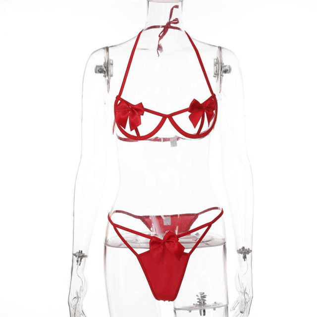 Bowknot Sexy Lingerie Set Strappy Bra and Panty Underwear Bandage Thong High Waist Erotic Sets