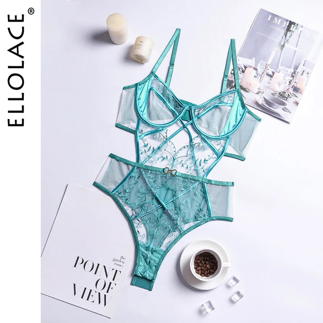 Ellolace Lace Bodysuit With Crotch See Through Hollow Out Embroidery Lingerie Sheer Body Underwire Mesh