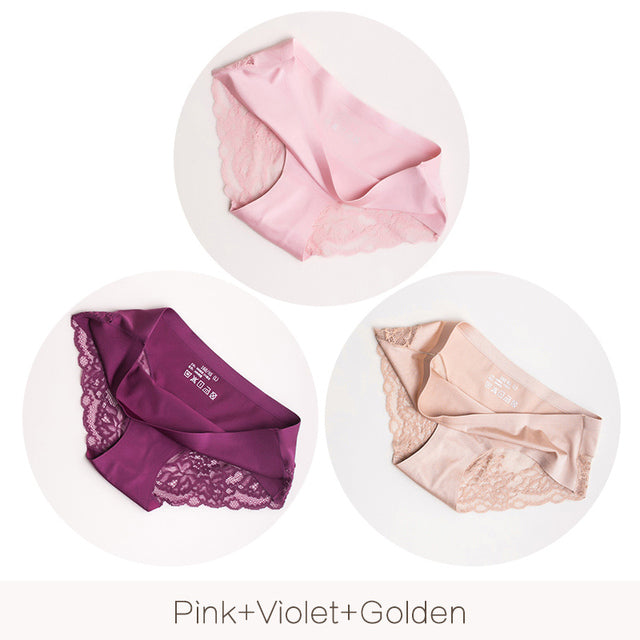 3Pcs/set Women Sexy lingerie Lace Underwear Seamless sensual Panties Briefs Female Ice Silk intimates Underpants Cotton briefs