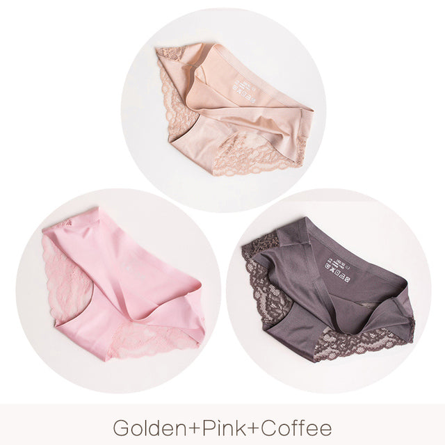 3Pcs/set Women Sexy lingerie Lace Underwear Seamless sensual Panties Briefs Female Ice Silk intimates Underpants Cotton briefs