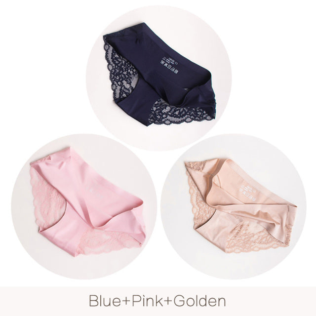 3Pcs/set Women Sexy lingerie Lace Underwear Seamless sensual Panties Briefs Female Ice Silk intimates Underpants Cotton briefs