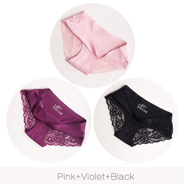 3Pcs/set Women Sexy lingerie Lace Underwear Seamless sensual Panties Briefs Female Ice Silk intimates Underpants Cotton briefs