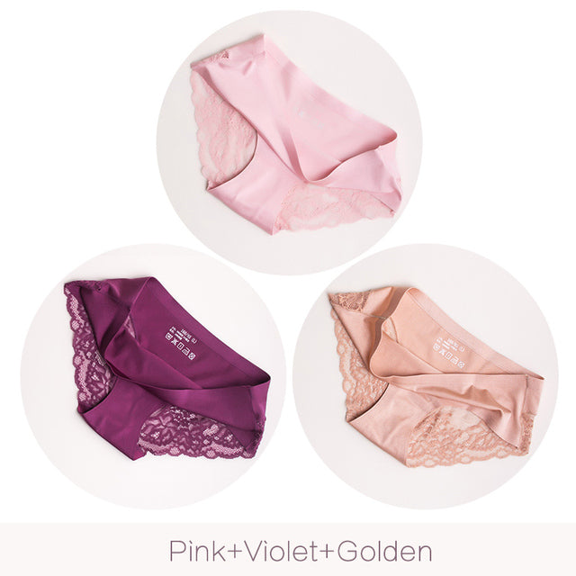 3Pcs/set Women Sexy lingerie Lace Underwear Seamless sensual Panties Briefs Female Ice Silk intimates Underpants Cotton briefs