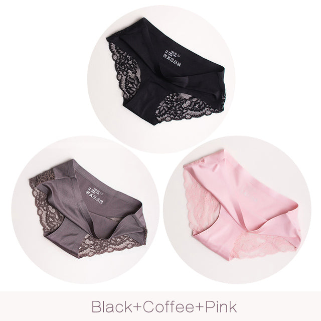 3Pcs/set Women Sexy lingerie Lace Underwear Seamless sensual Panties Briefs Female Ice Silk intimates Underpants Cotton briefs