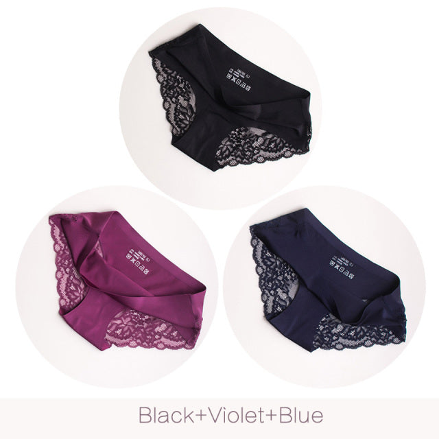 3Pcs/set Women Sexy lingerie Lace Underwear Seamless sensual Panties Briefs Female Ice Silk intimates Underpants Cotton briefs