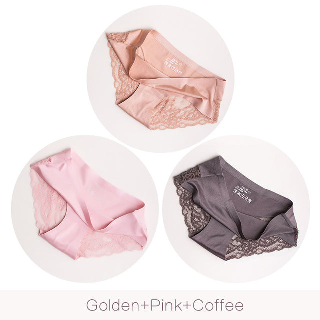 3Pcs/set Women Sexy lingerie Lace Underwear Seamless sensual Panties Briefs Female Ice Silk intimates Underpants Cotton briefs