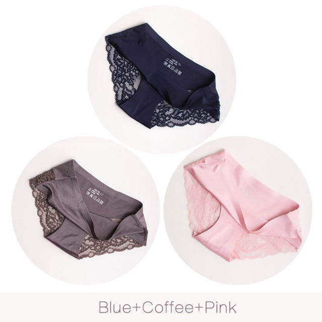 3Pcs/set Women Sexy lingerie Lace Underwear Seamless sensual Panties Briefs Female Ice Silk intimates Underpants Cotton briefs
