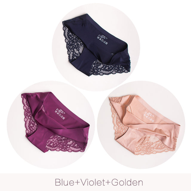 3Pcs/set Women Sexy lingerie Lace Underwear Seamless sensual Panties Briefs Female Ice Silk intimates Underpants Cotton briefs