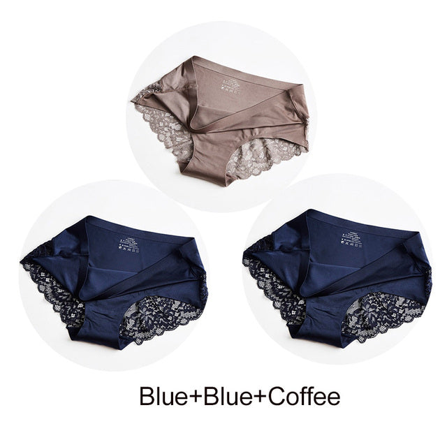 3Pcs/set Women Sexy lingerie Lace Underwear Seamless sensual Panties Briefs Female Ice Silk intimates Underpants Cotton briefs