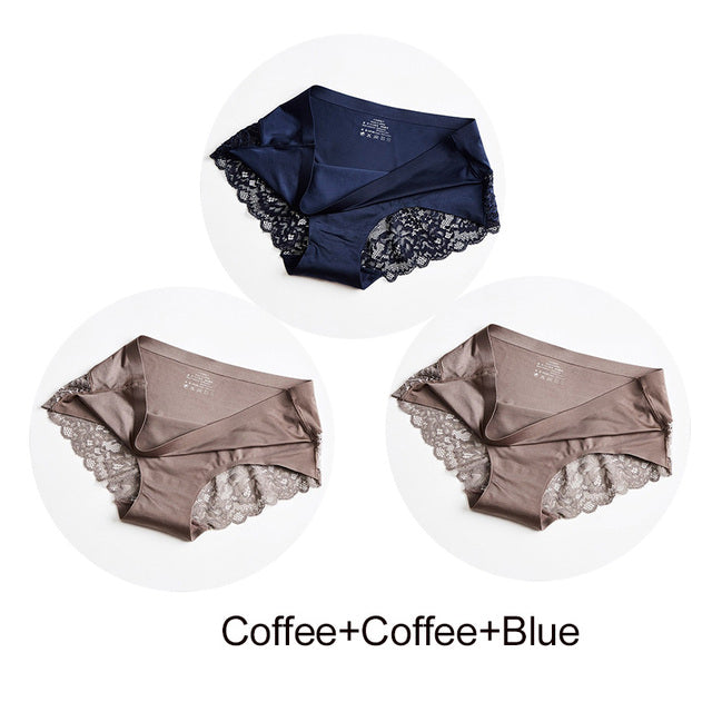 3Pcs/set Women Sexy lingerie Lace Underwear Seamless sensual Panties Briefs Female Ice Silk intimates Underpants Cotton briefs