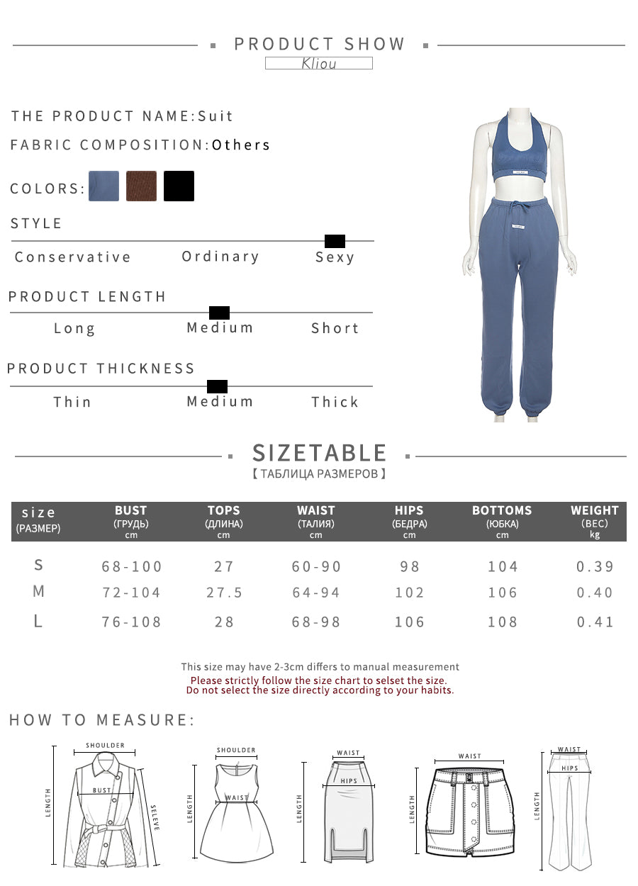 Kliou Sporty Two Piece Set Women Active Halter Vest Crop Tops+Drawstring Sweatpants Matching Outfit Casual Concise Tracksuit