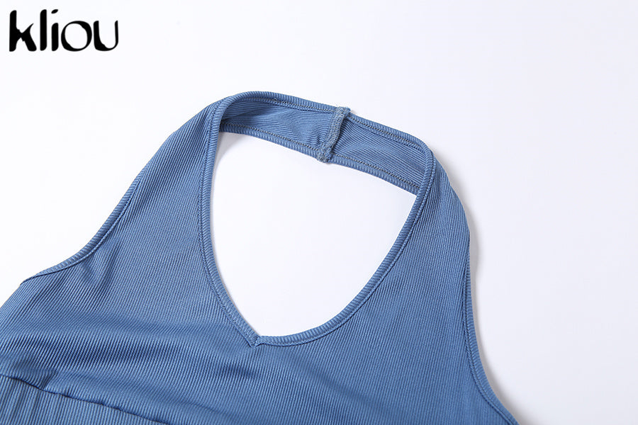 Kliou Sporty Two Piece Set Women Active Halter Vest Crop Tops+Drawstring Sweatpants Matching Outfit Casual Concise Tracksuit