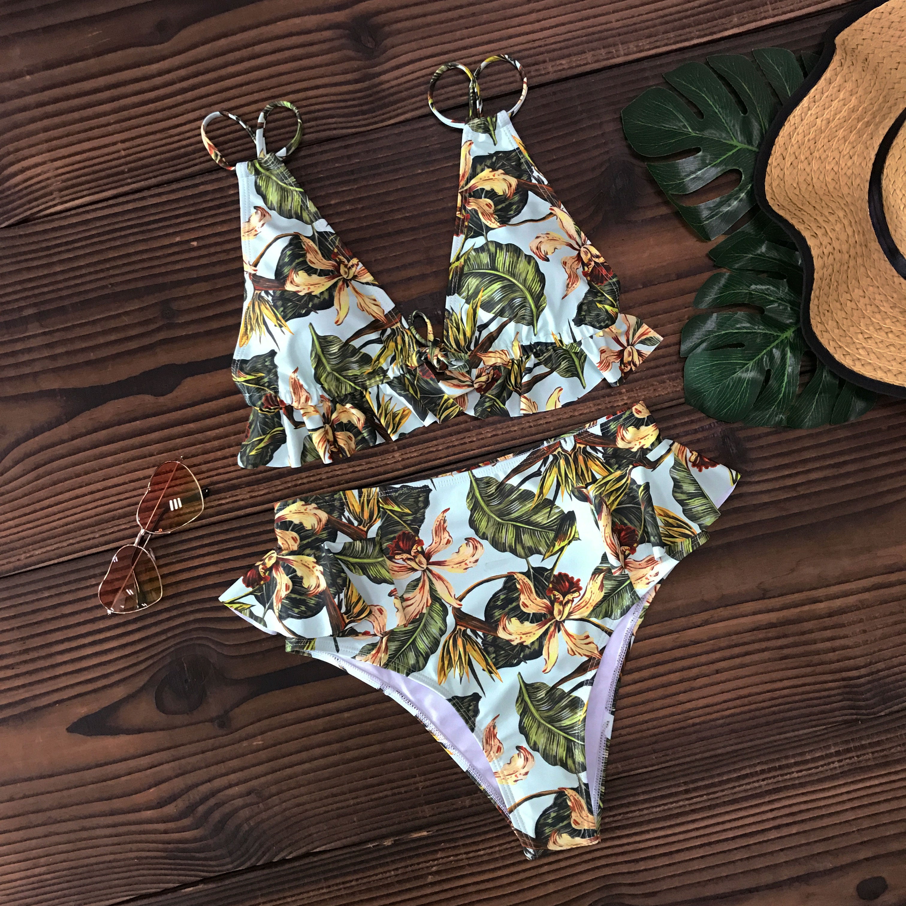 Print Bikini Women Swimwear Push Up Swimsuit High Waist Biquini Halter Backless Bathing Suit Ruffle Beach Wear Summer