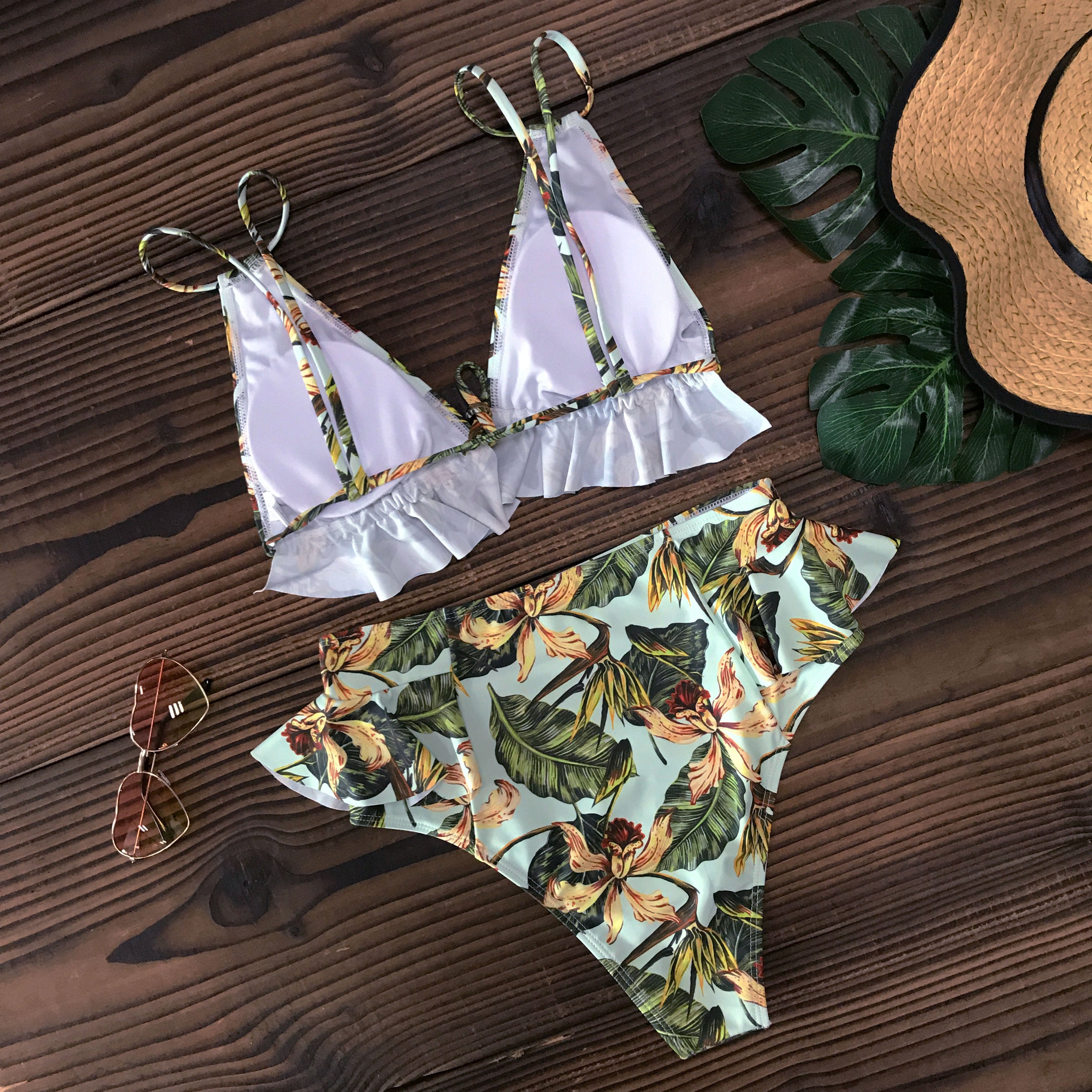 Print Bikini Women Swimwear Push Up Swimsuit High Waist Biquini Halter Backless Bathing Suit Ruffle Beach Wear Summer