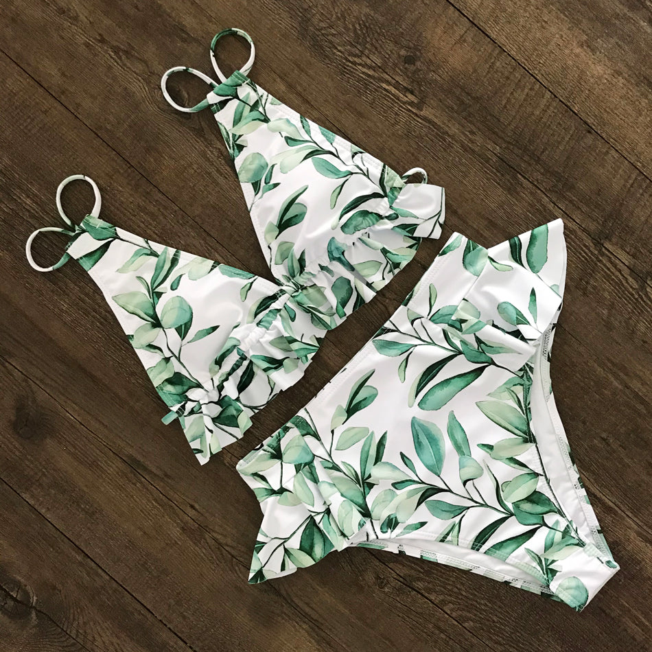 Print Bikini Women Swimwear Push Up Swimsuit High Waist Biquini Halter Backless Bathing Suit Ruffle Beach Wear Summer