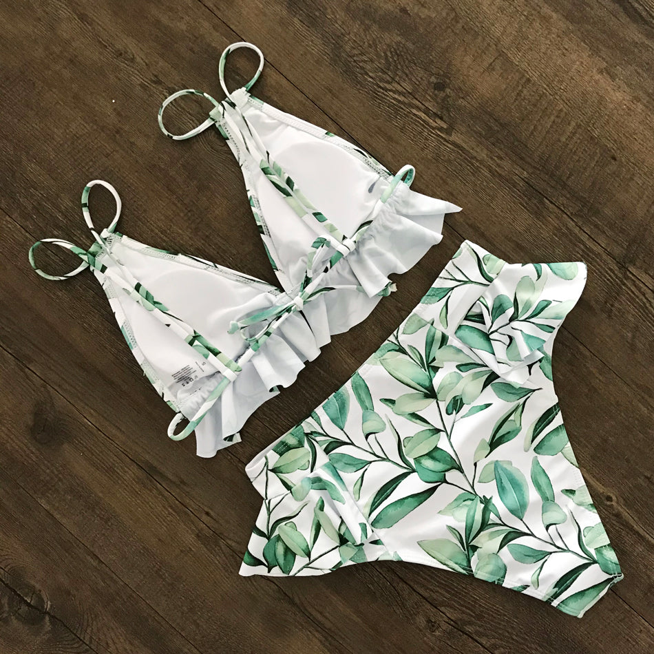 Print Bikini Women Swimwear Push Up Swimsuit High Waist Biquini Halter Backless Bathing Suit Ruffle Beach Wear Summer