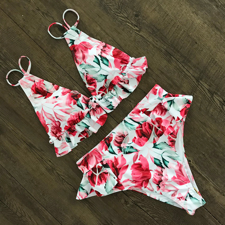 Print Bikini Women Swimwear Push Up Swimsuit High Waist Biquini Halter Backless Bathing Suit Ruffle Beach Wear Summer