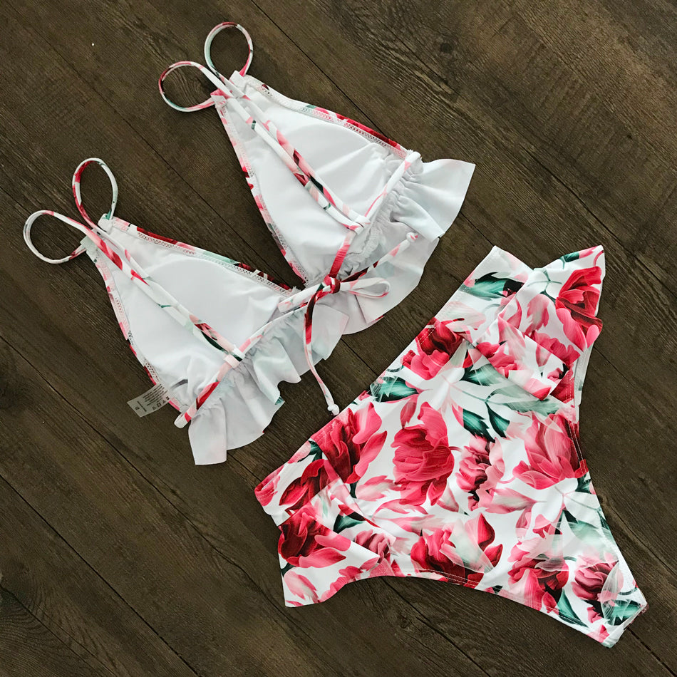 Print Bikini Women Swimwear Push Up Swimsuit High Waist Biquini Halter Backless Bathing Suit Ruffle Beach Wear Summer