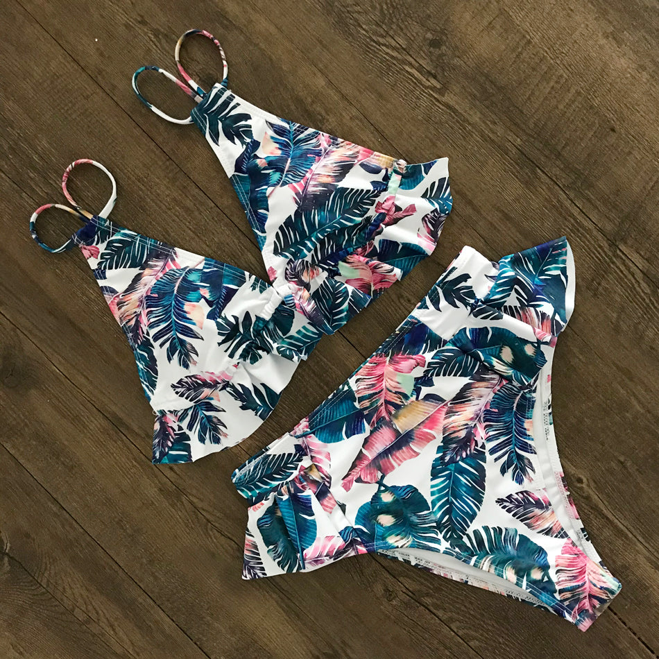 Print Bikini Women Swimwear Push Up Swimsuit High Waist Biquini Halter Backless Bathing Suit Ruffle Beach Wear Summer