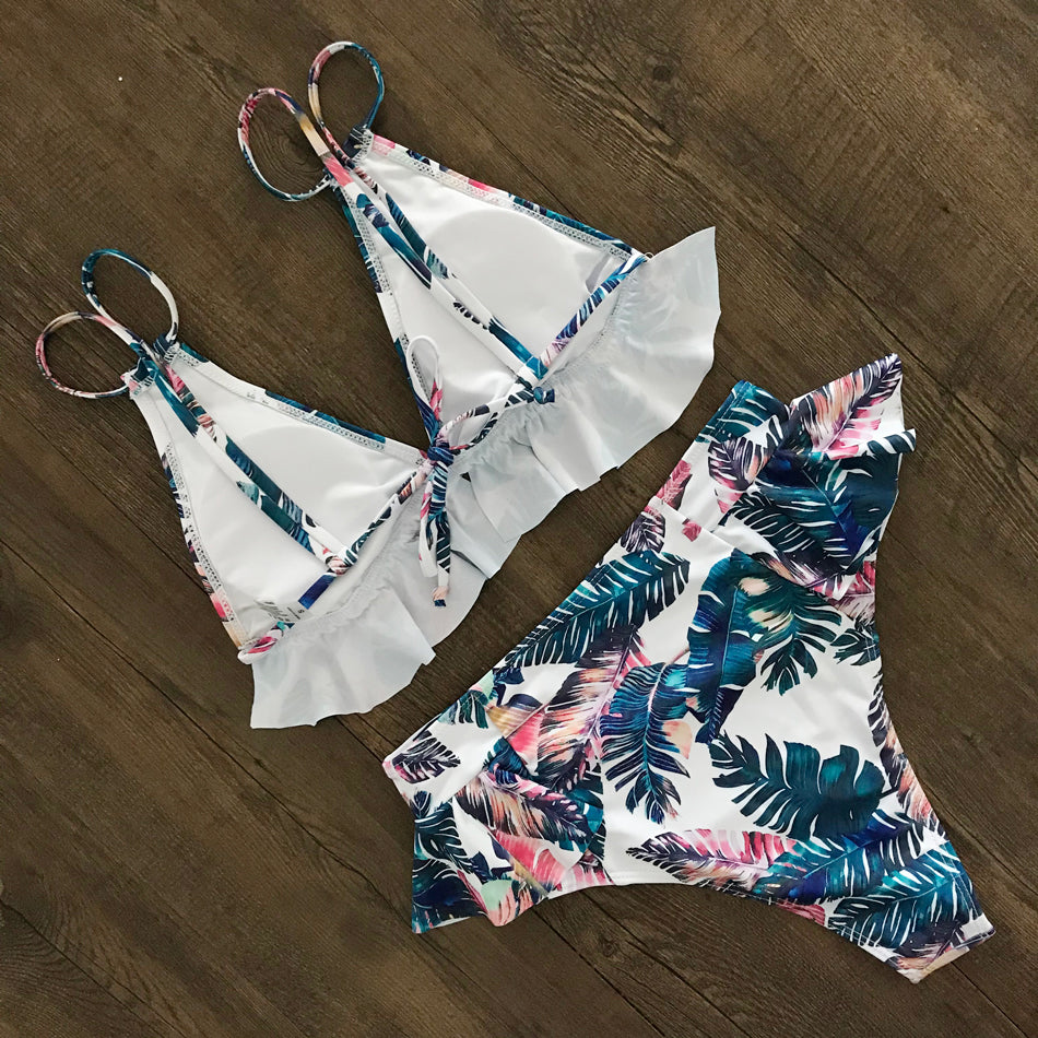 Print Bikini Women Swimwear Push Up Swimsuit High Waist Biquini Halter Backless Bathing Suit Ruffle Beach Wear Summer