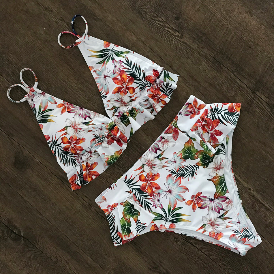 Print Bikini Women Swimwear Push Up Swimsuit High Waist Biquini Halter Backless Bathing Suit Ruffle Beach Wear Summer