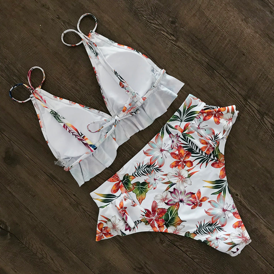 Print Bikini Women Swimwear Push Up Swimsuit High Waist Biquini Halter Backless Bathing Suit Ruffle Beach Wear Summer