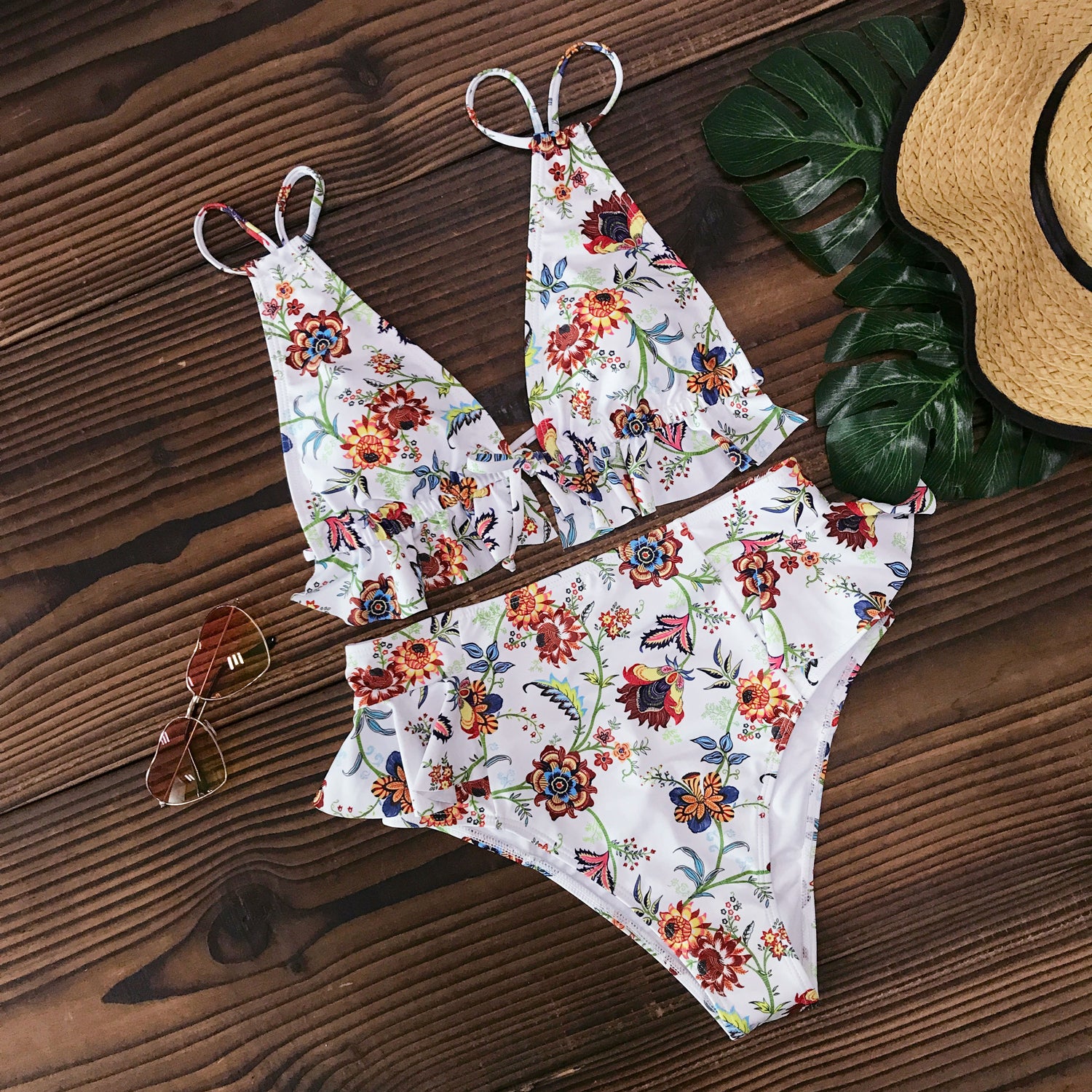 Print Bikini Women Swimwear Push Up Swimsuit High Waist Biquini Halter Backless Bathing Suit Ruffle Beach Wear Summer