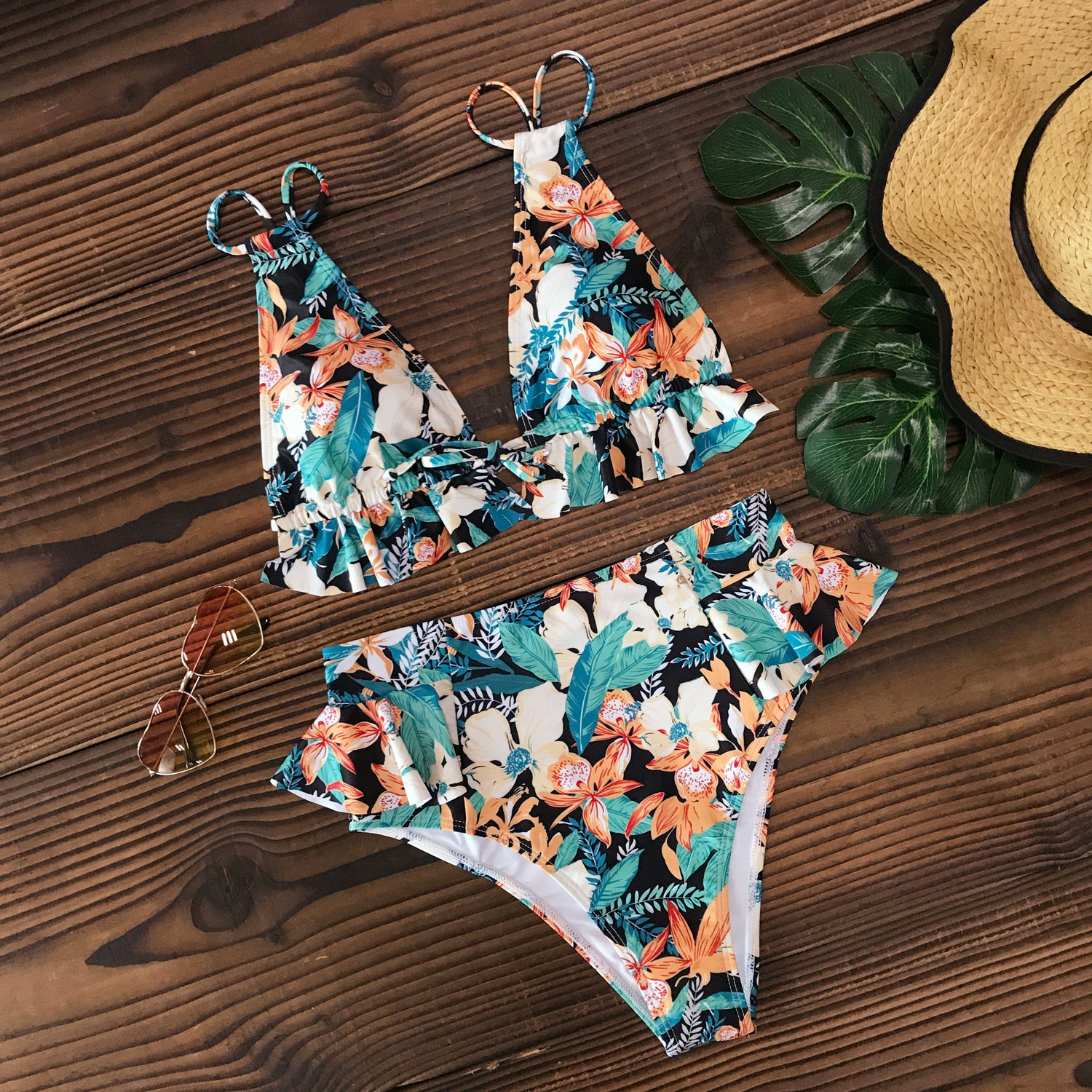 Print Bikini Women Swimwear Push Up Swimsuit High Waist Biquini Halter Backless Bathing Suit Ruffle Beach Wear Summer