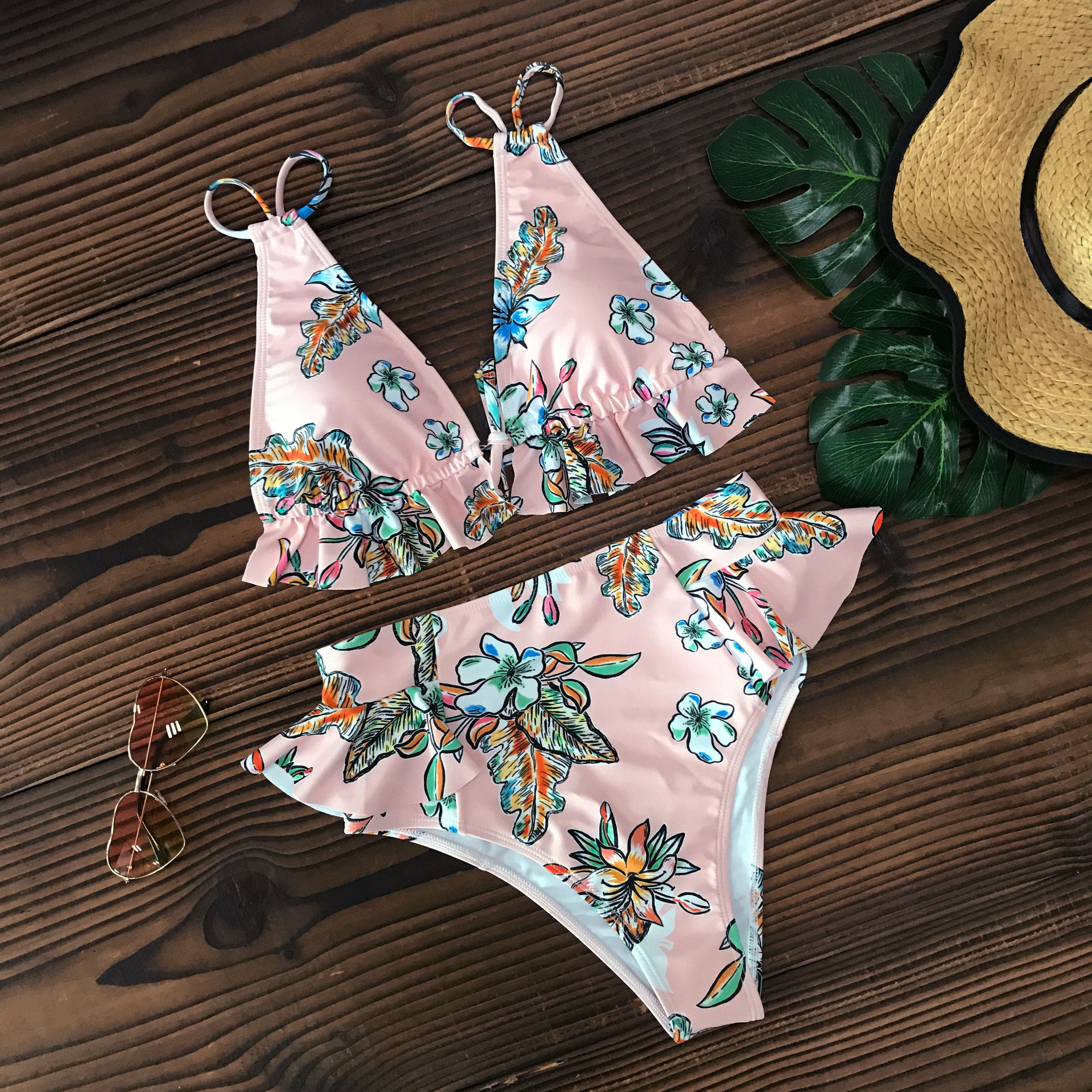 Print Bikini Women Swimwear Push Up Swimsuit High Waist Biquini Halter Backless Bathing Suit Ruffle Beach Wear Summer