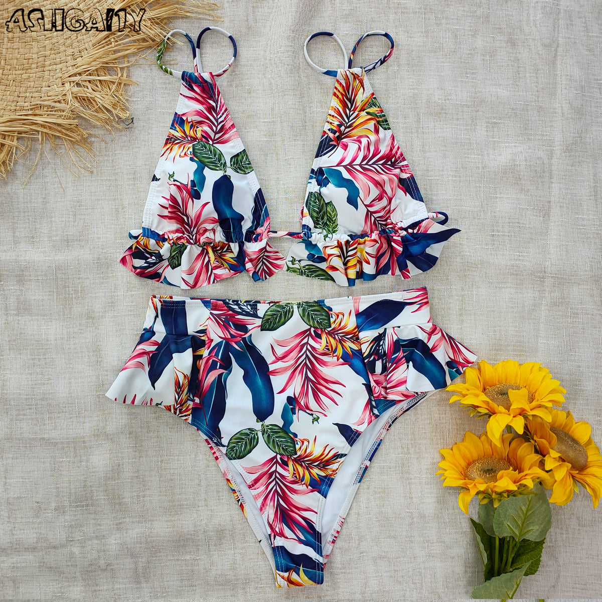 Print Bikini Women Swimwear Push Up Swimsuit High Waist Biquini Halter Backless Bathing Suit Ruffle Beach Wear Summer