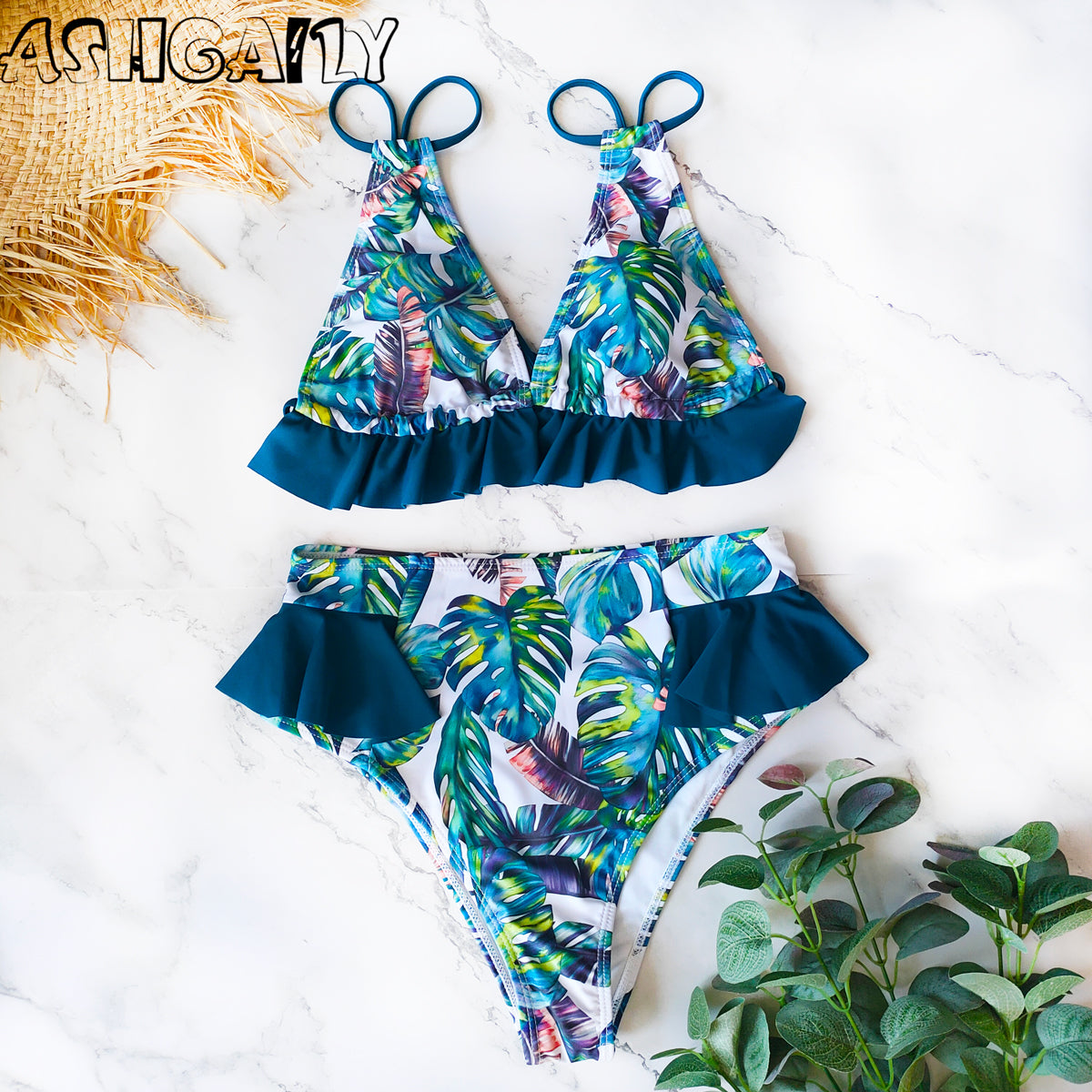 Print Bikini Women Swimwear Push Up Swimsuit High Waist Biquini Halter Backless Bathing Suit Ruffle Beach Wear Summer