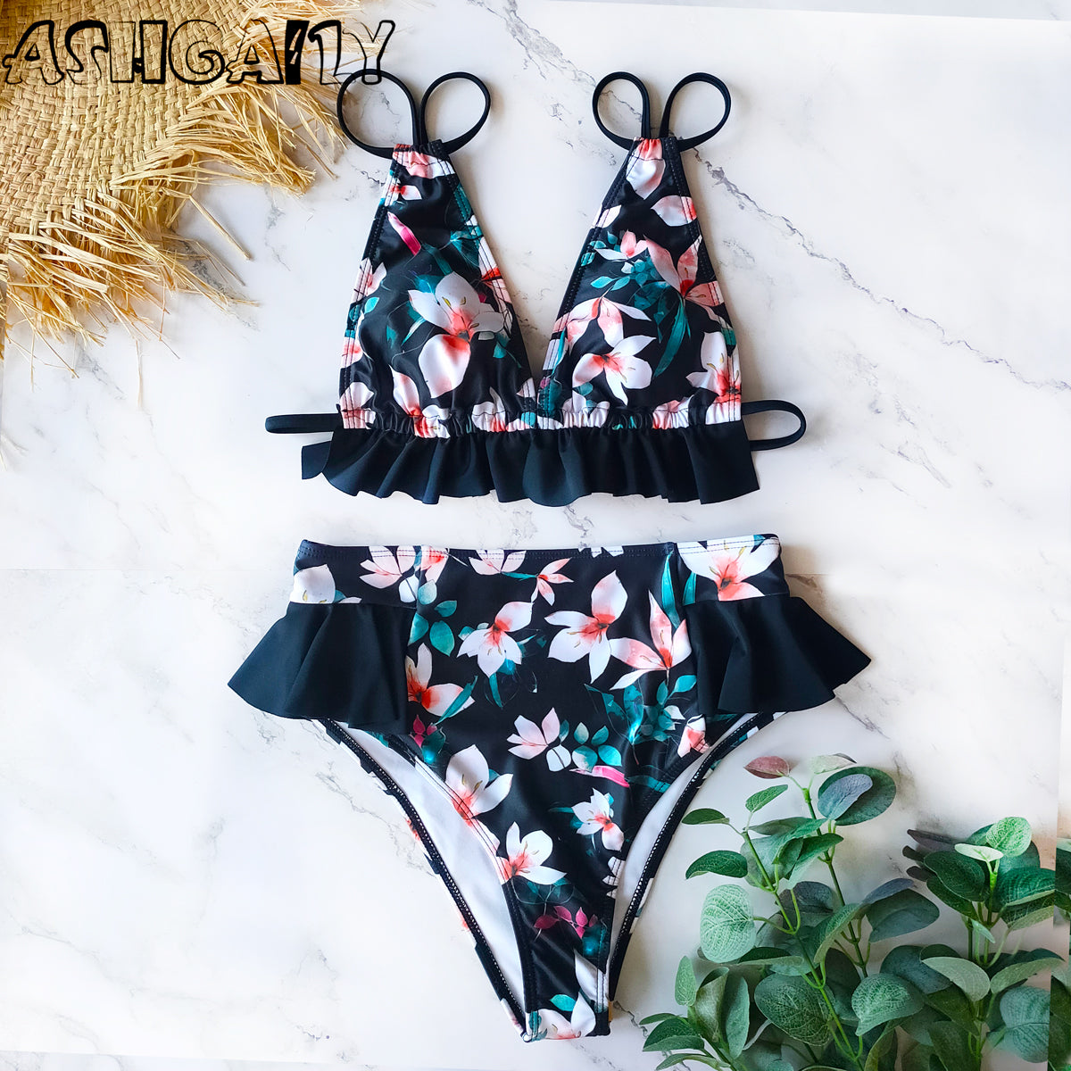 Print Bikini Women Swimwear Push Up Swimsuit High Waist Biquini Halter Backless Bathing Suit Ruffle Beach Wear Summer
