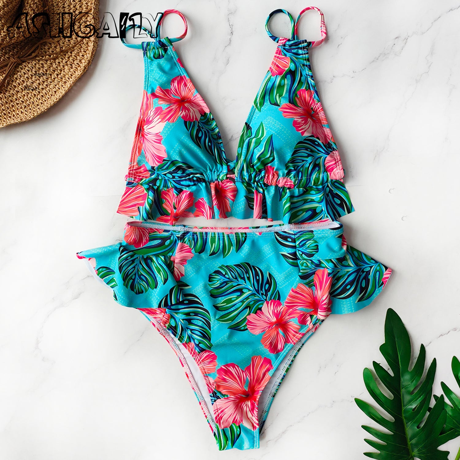 Print Bikini Women Swimwear Push Up Swimsuit High Waist Biquini Halter Backless Bathing Suit Ruffle Beach Wear Summer