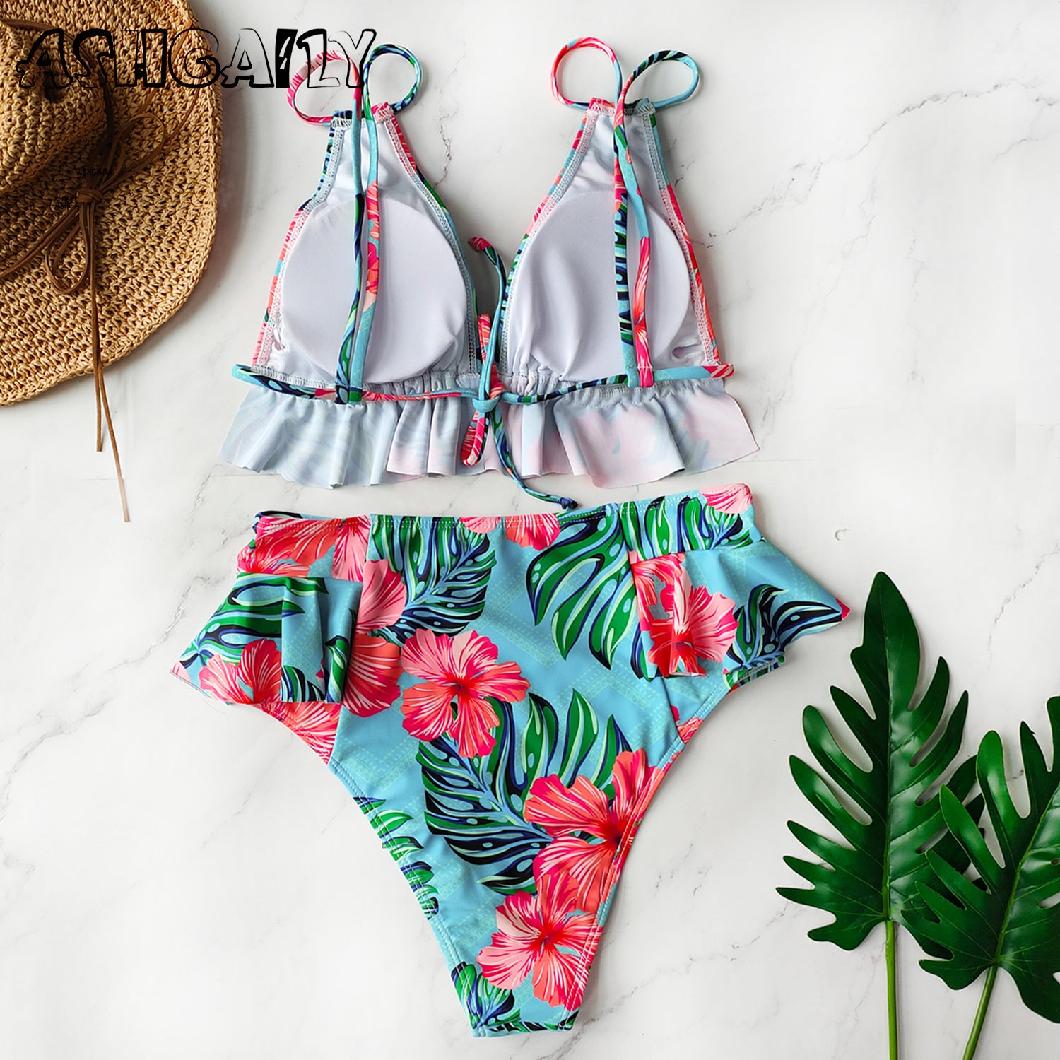 Print Bikini Women Swimwear Push Up Swimsuit High Waist Biquini Halter Backless Bathing Suit Ruffle Beach Wear Summer