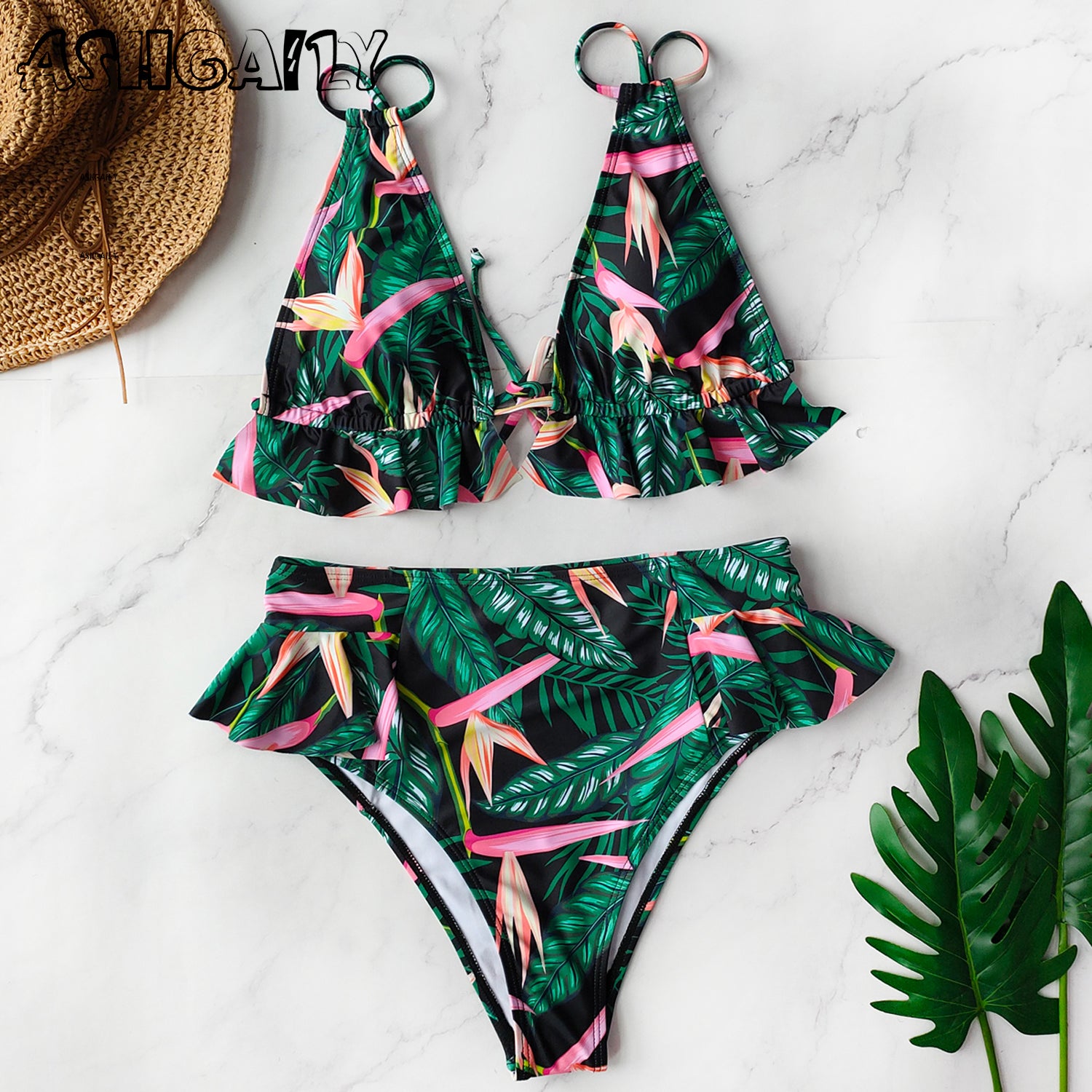 Print Bikini Women Swimwear Push Up Swimsuit High Waist Biquini Halter Backless Bathing Suit Ruffle Beach Wear Summer