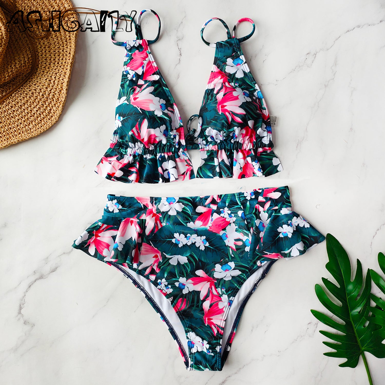 Print Bikini Women Swimwear Push Up Swimsuit High Waist Biquini Halter Backless Bathing Suit Ruffle Beach Wear Summer