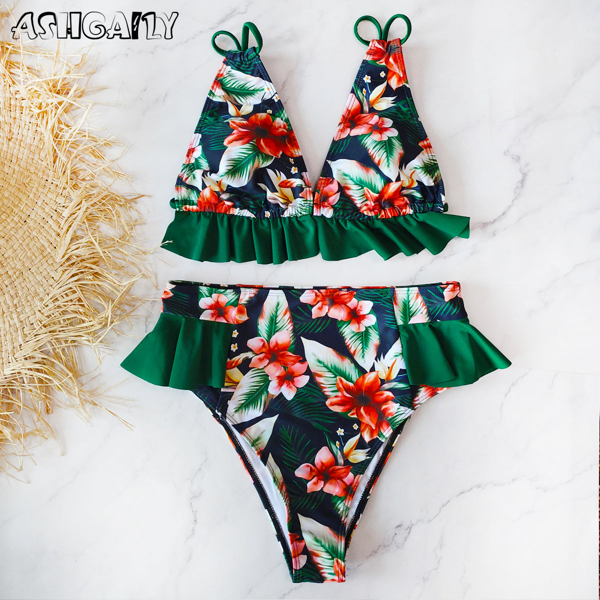 Print Bikini Women Swimwear Push Up Swimsuit High Waist Biquini Halter Backless Bathing Suit Ruffle Beach Wear Summer