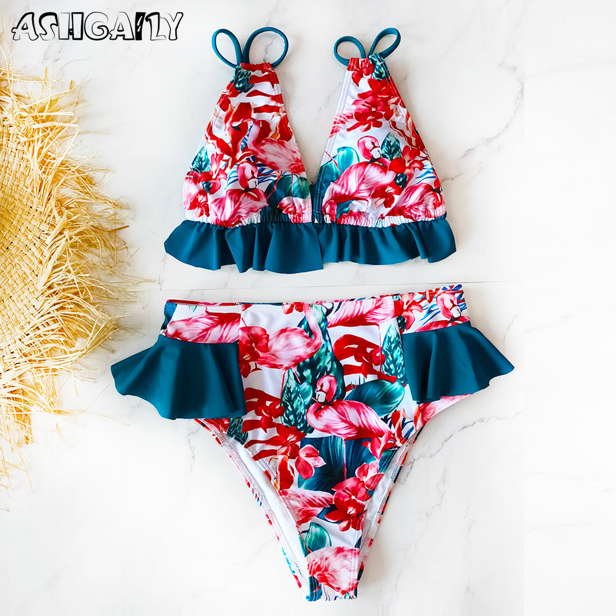 Print Bikini Women Swimwear Push Up Swimsuit High Waist Biquini Halter Backless Bathing Suit Ruffle Beach Wear Summer