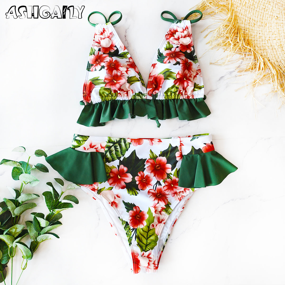 Print Bikini Women Swimwear Push Up Swimsuit High Waist Biquini Halter Backless Bathing Suit Ruffle Beach Wear Summer