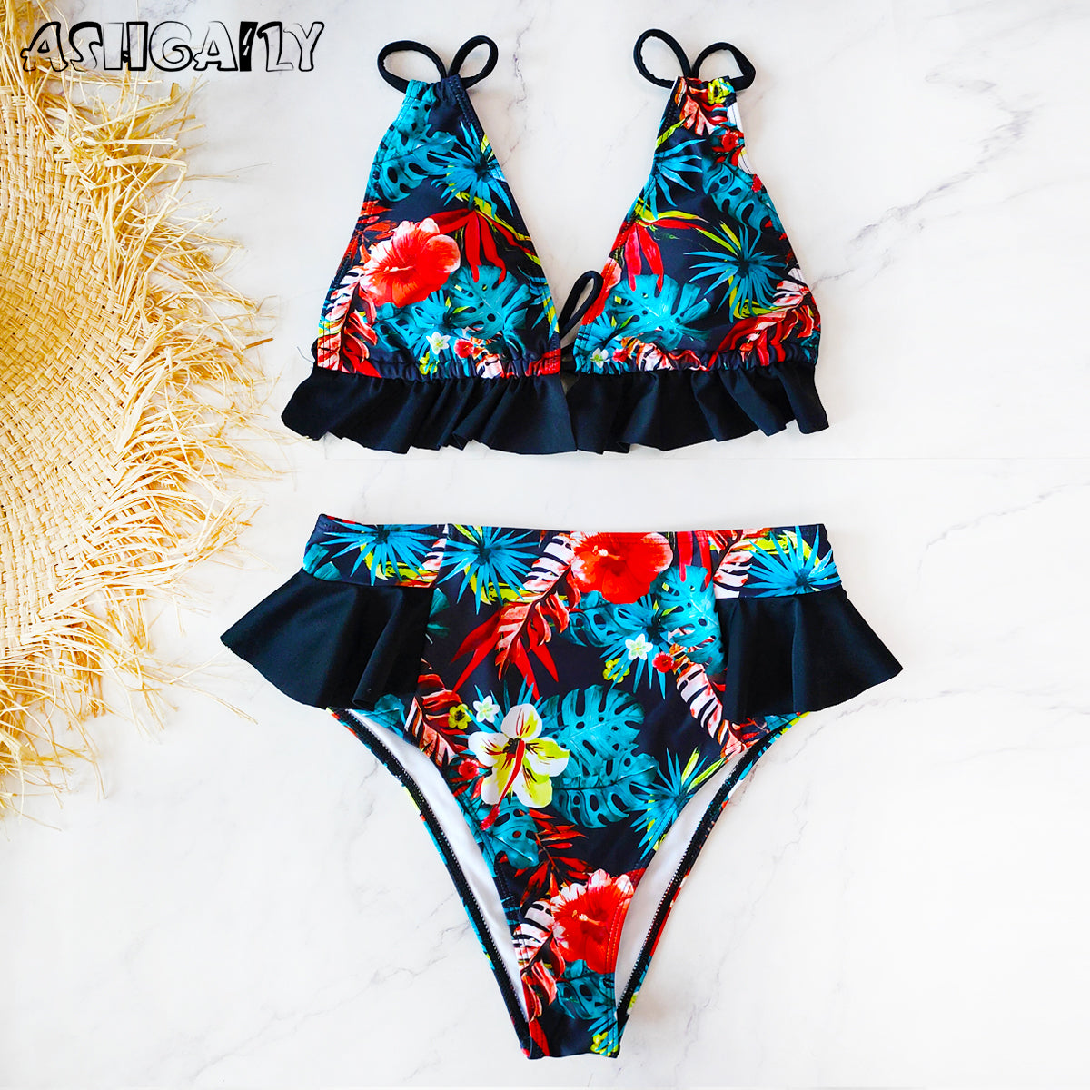 Print Bikini Women Swimwear Push Up Swimsuit High Waist Biquini Halter Backless Bathing Suit Ruffle Beach Wear Summer