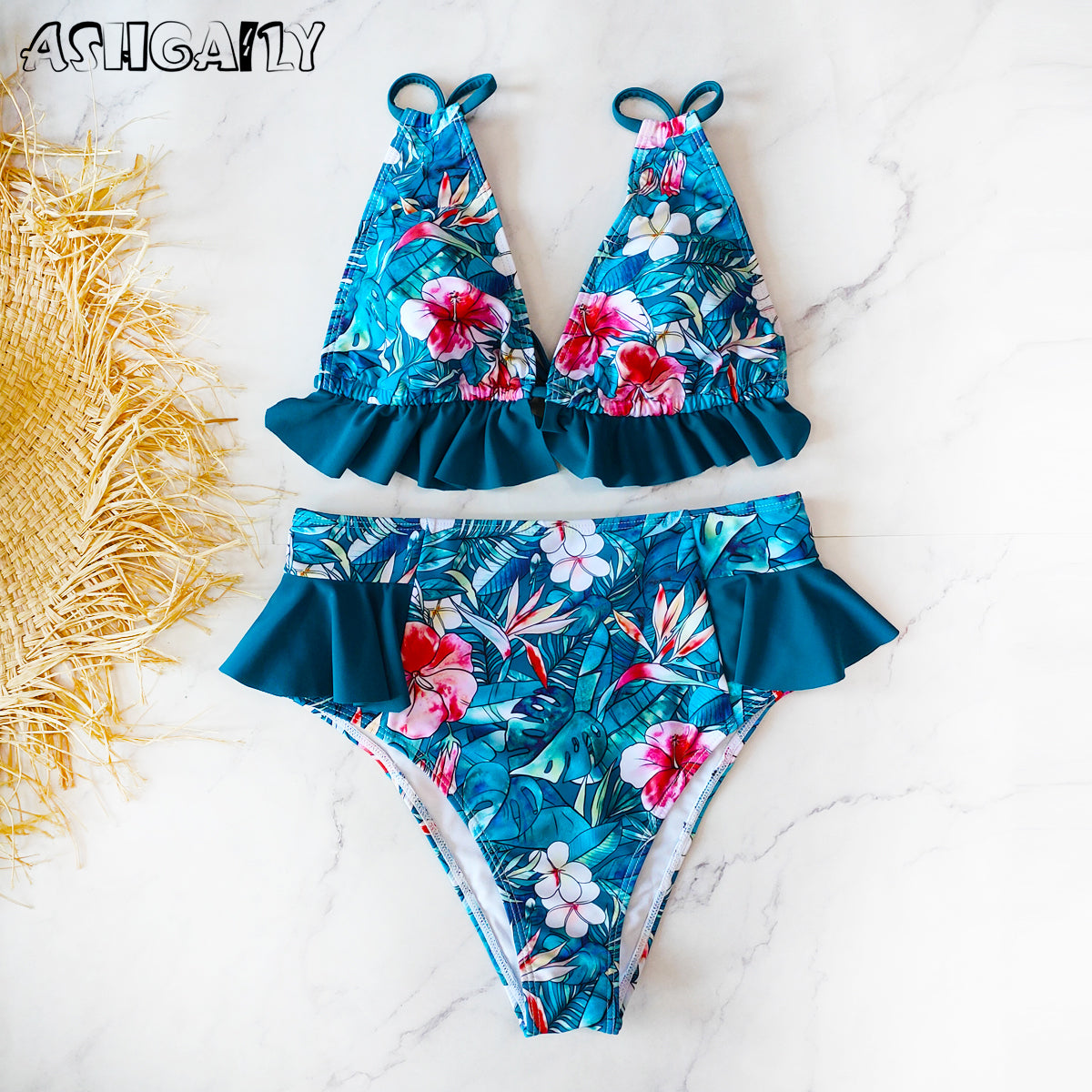 Print Bikini Women Swimwear Push Up Swimsuit High Waist Biquini Halter Backless Bathing Suit Ruffle Beach Wear Summer