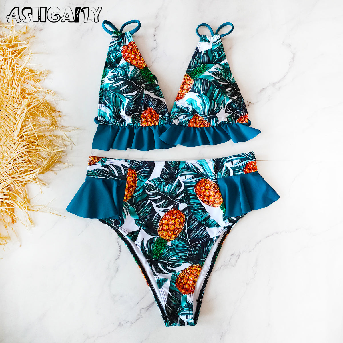 Print Bikini Women Swimwear Push Up Swimsuit High Waist Biquini Halter Backless Bathing Suit Ruffle Beach Wear Summer