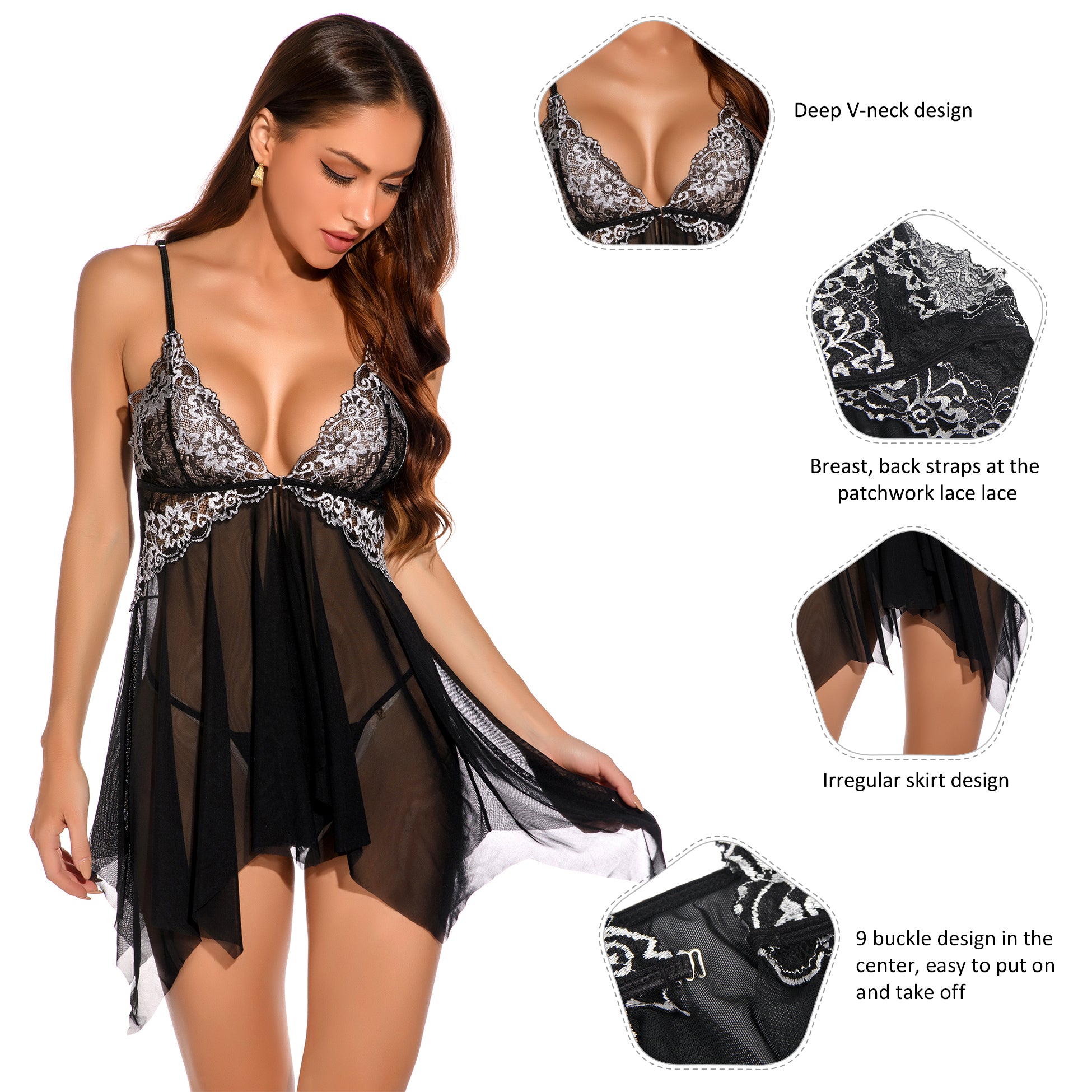 Comeondear Plus Size Sleepwear Women Night Dress Front Closure Chemise De Nuit Femme Sleep Tops Mesh Lace Pijamas Women Sexy