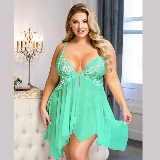 Comeondear Plus Size Sleepwear Women Night Dress Front Closure Chemise De Nuit Femme Sleep Tops Mesh Lace Pijamas Women Sexy